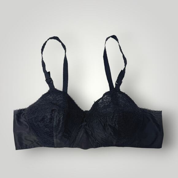 Vintage Top 1950s Permalift RARE Circle Stitch Black Floral Lace Bullet Bra 33B - Picture 1 of 6